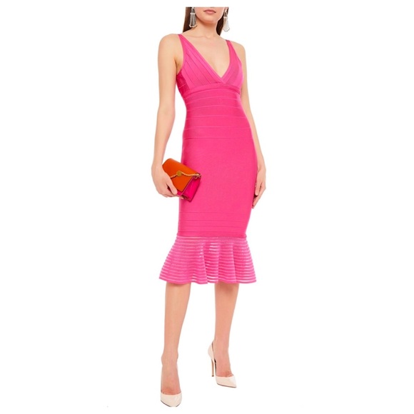 Herve Leger Dresses & Skirts - Herve Leger Pink Ruffled Bodycon Midi Dress